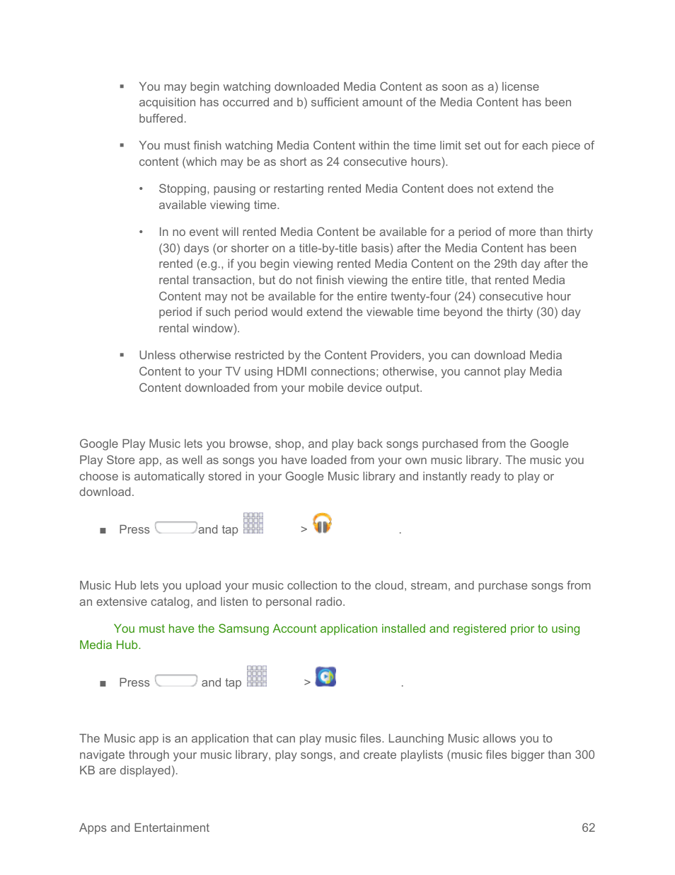 Google play music, Music hub, Music app | Samsung SPH-L710RWPSPR User Manual | Page 73 / 157