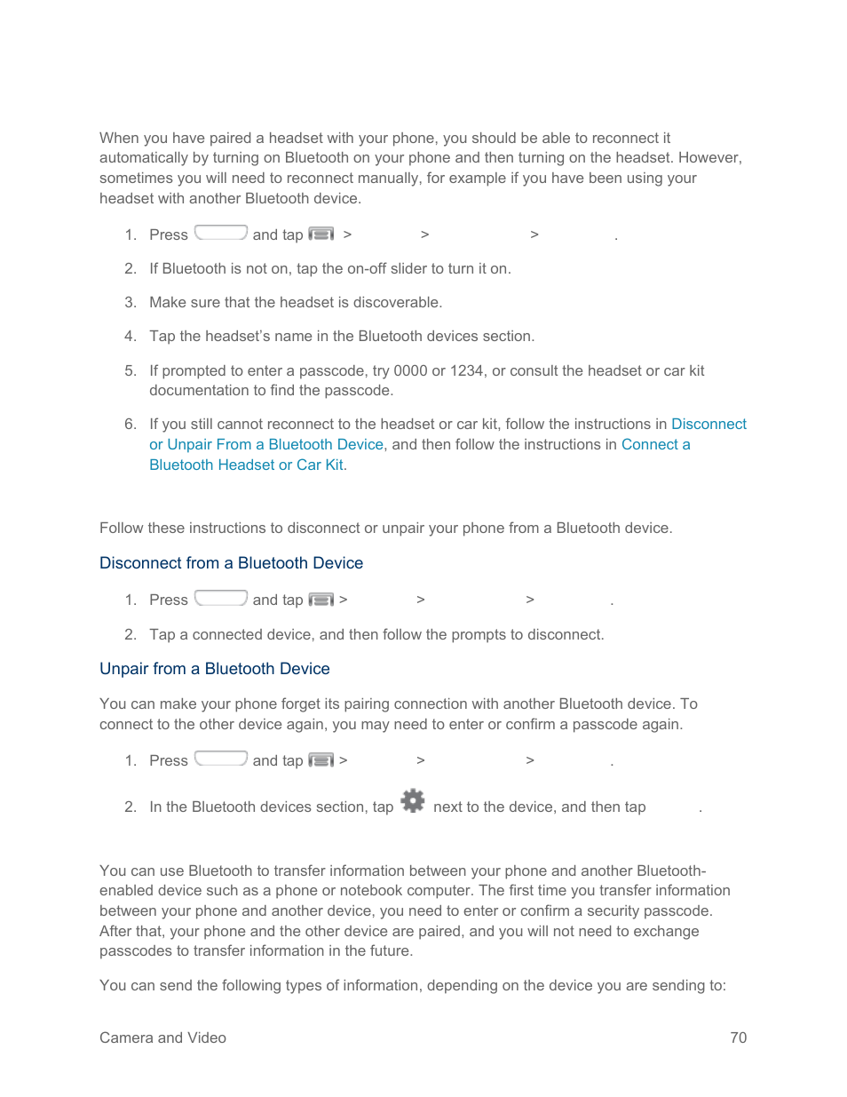 Reconnect a headset or car kit, Disconnect or unpair from a bluetooth device, Send information using bluetooth | Samsung SPH-L710RWPSPR User Manual | Page 81 / 157