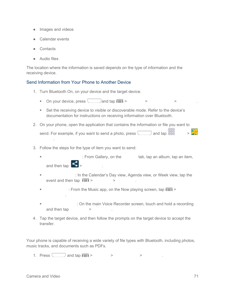 Receive information using bluetooth | Samsung SPH-L710RWPSPR User Manual | Page 82 / 157