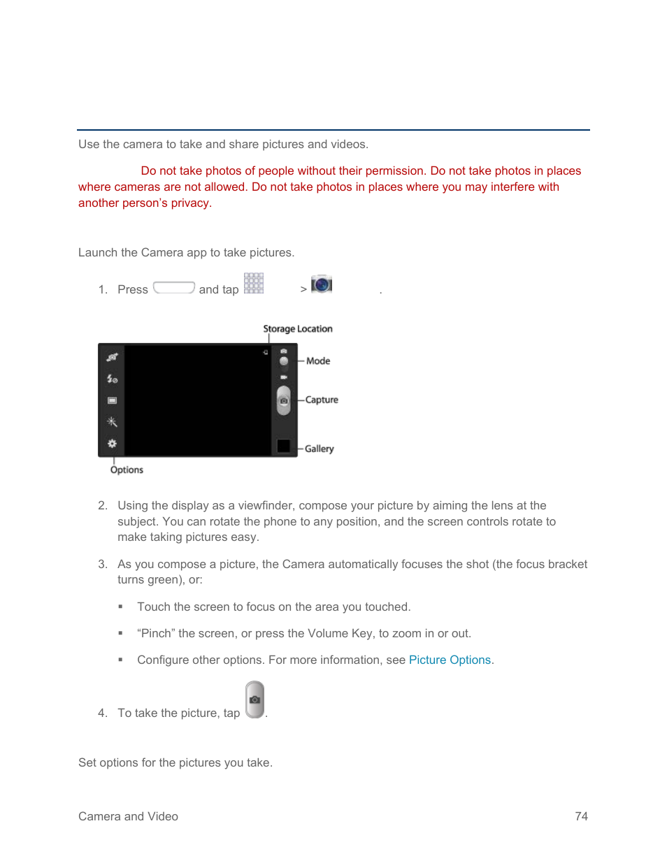Camera and video, Take pictures, Picture options | Samsung SPH-L710RWPSPR User Manual | Page 85 / 157