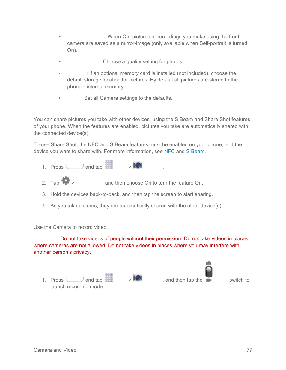 Share pictures with share shot, Record videos | Samsung SPH-L710RWPSPR User Manual | Page 88 / 157