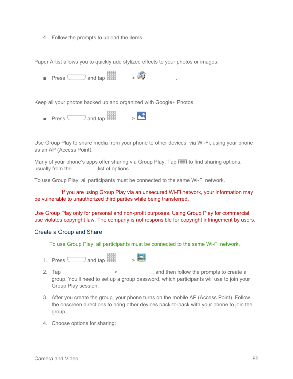 Paper artist, G+ photos, Group play | Samsung SPH-L710RWPSPR User Manual | Page 96 / 157