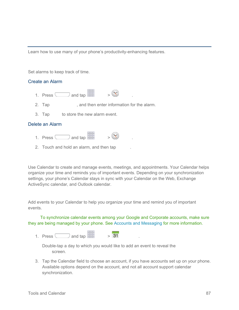 Tools and calendar, Clock, Calendar | Add an event to the calendar | Samsung SPH-L710RWPSPR User Manual | Page 98 / 157