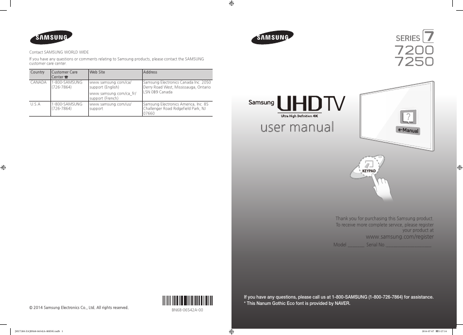 Samsung UN65HU7200FXZA User Manual | 38 pages