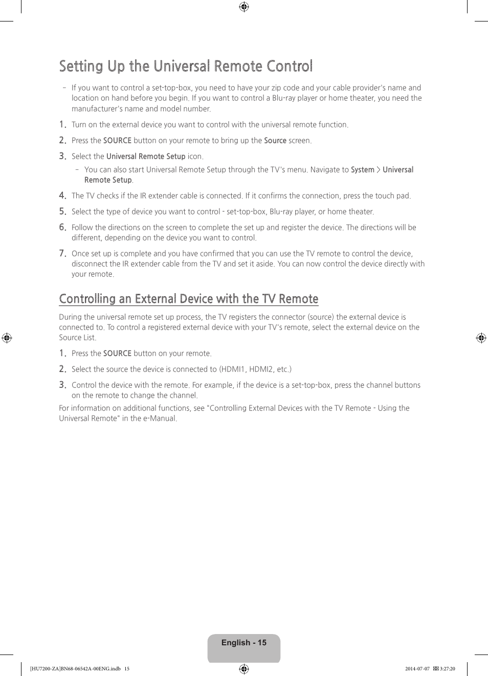 Setting up the universal remote control, Controlling an external device with the tv remote | Samsung UN65HU7200FXZA User Manual | Page 15 / 38