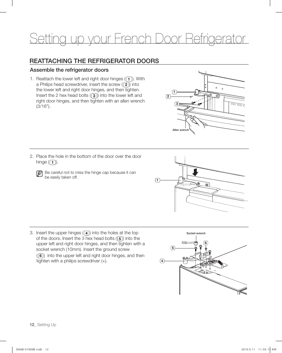 Reattaching the refrigerator doors, Setting up your french door refrigerator, Assemble the refrigerator doors | Samsung RFG293HABP-XAA User Manual | Page 12 / 38