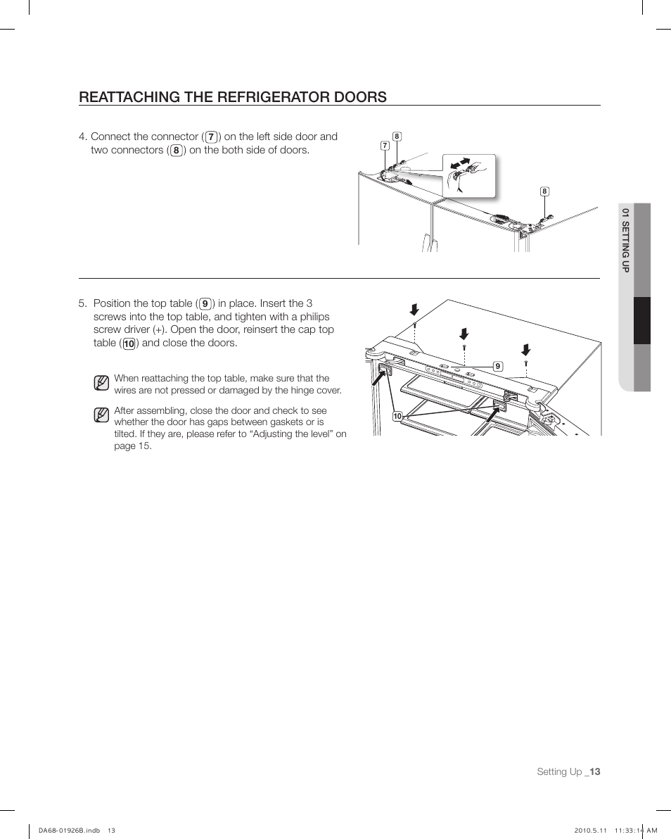 Reattaching the refrigerator doors | Samsung RFG293HABP-XAA User Manual | Page 13 / 38