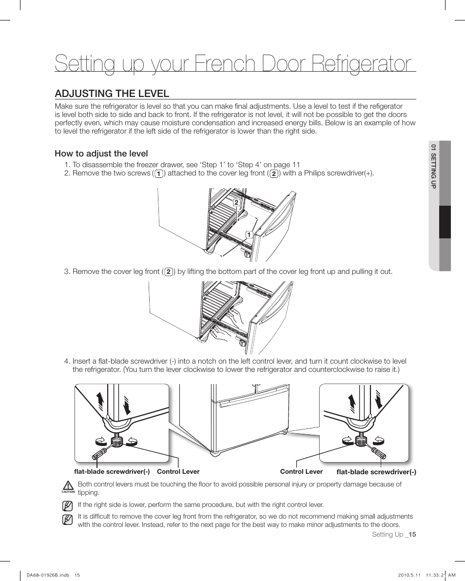 Adjusting the level, Setting up your french door refrigerator, How to adjust the level | Samsung RFG293HABP-XAA User Manual | Page 15 / 38