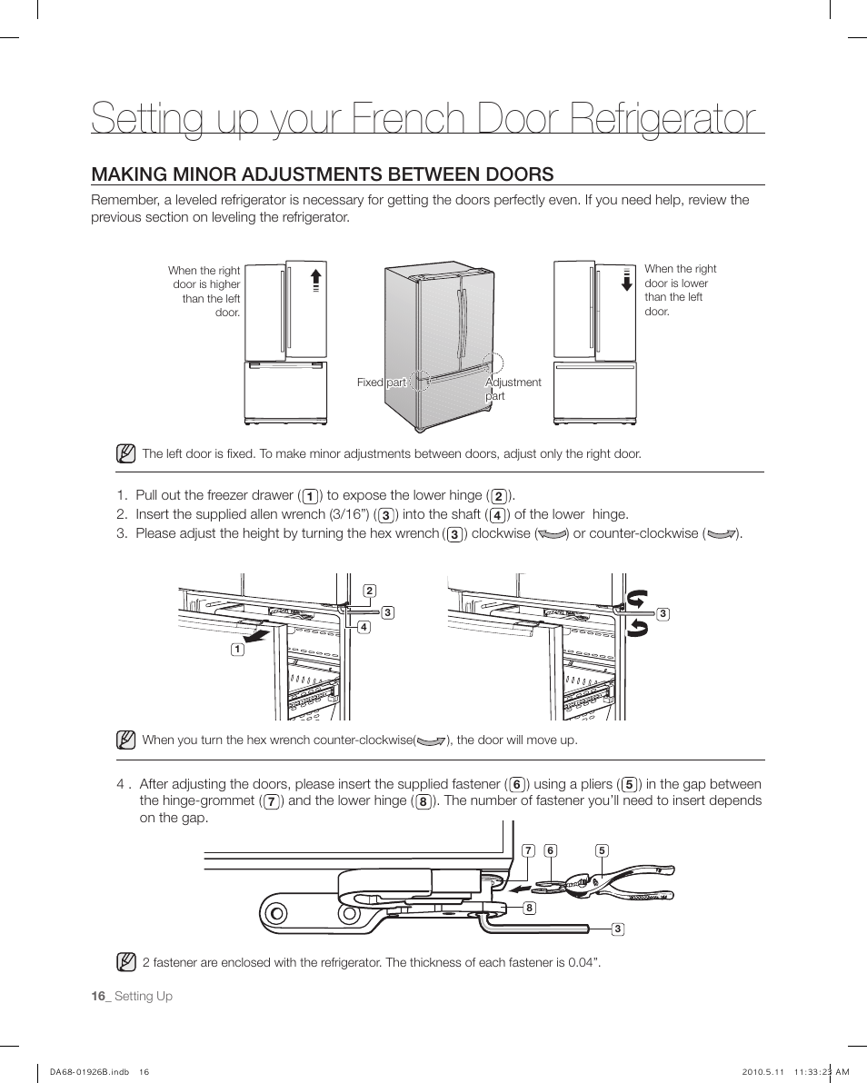 Making minor adjustments between doors, Setting up your french door refrigerator | Samsung RFG293HABP-XAA User Manual | Page 16 / 38