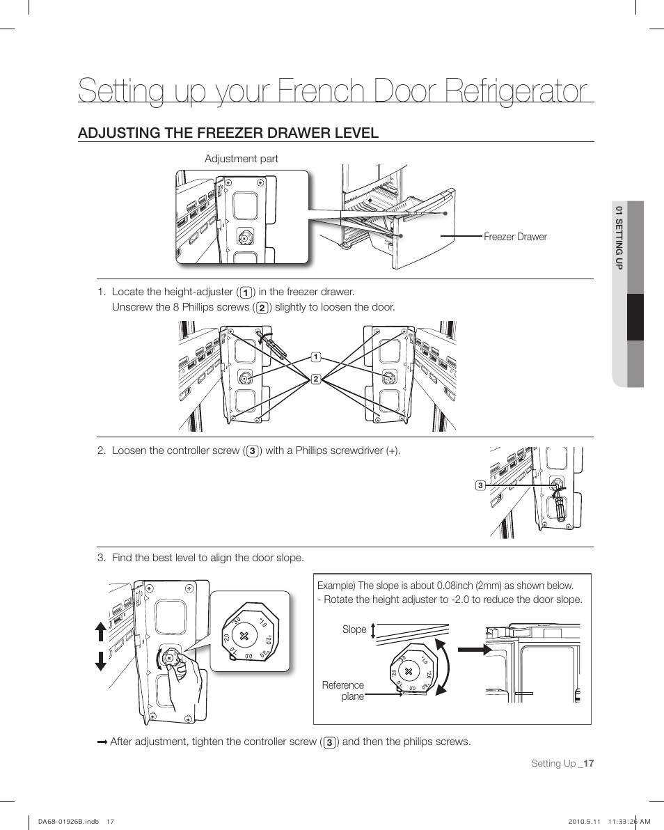 Adjusting the freezer drawer level, Setting up your french door refrigerator | Samsung RFG293HABP-XAA User Manual | Page 17 / 38