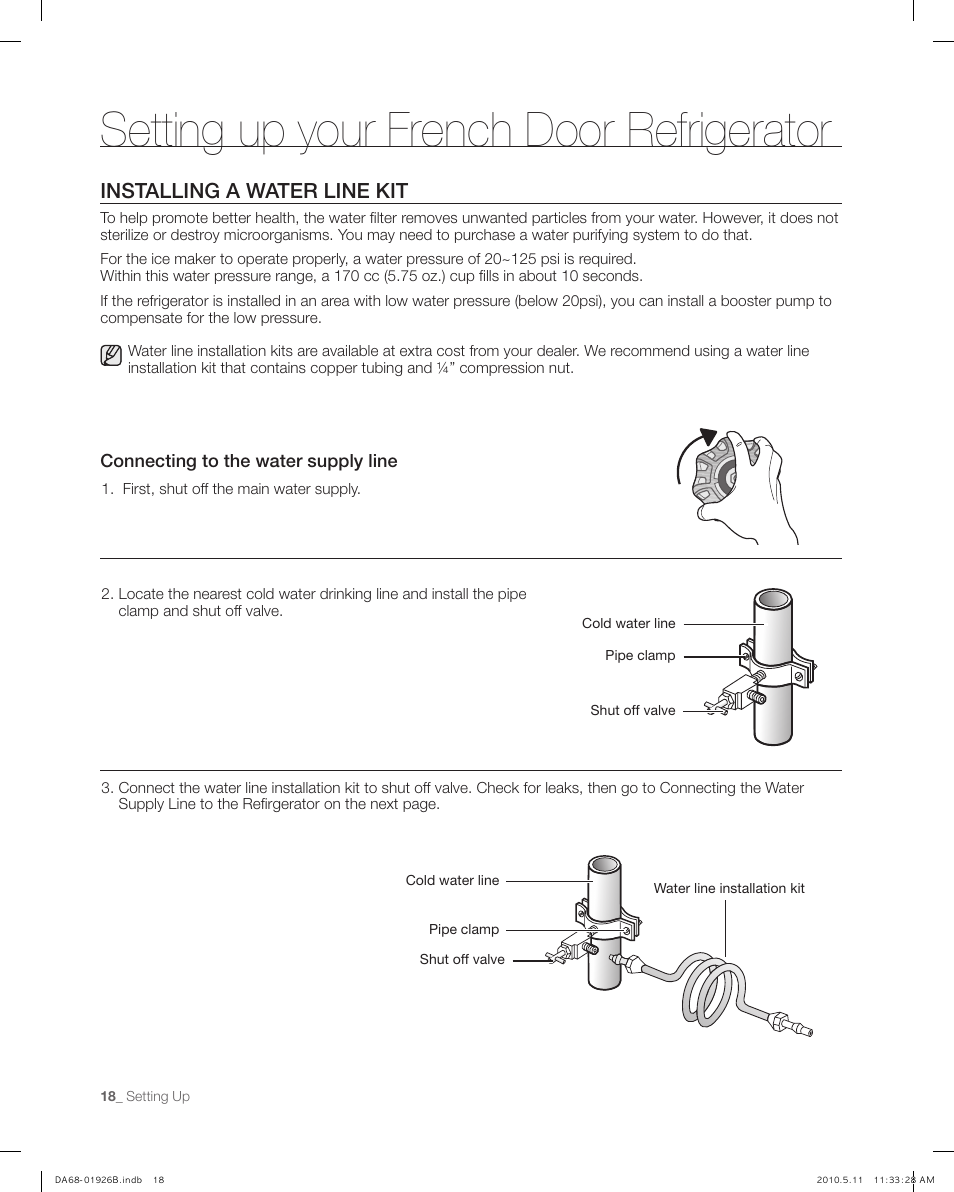 Installing a water line kit, Setting up your french door refrigerator | Samsung RFG293HABP-XAA User Manual | Page 18 / 38
