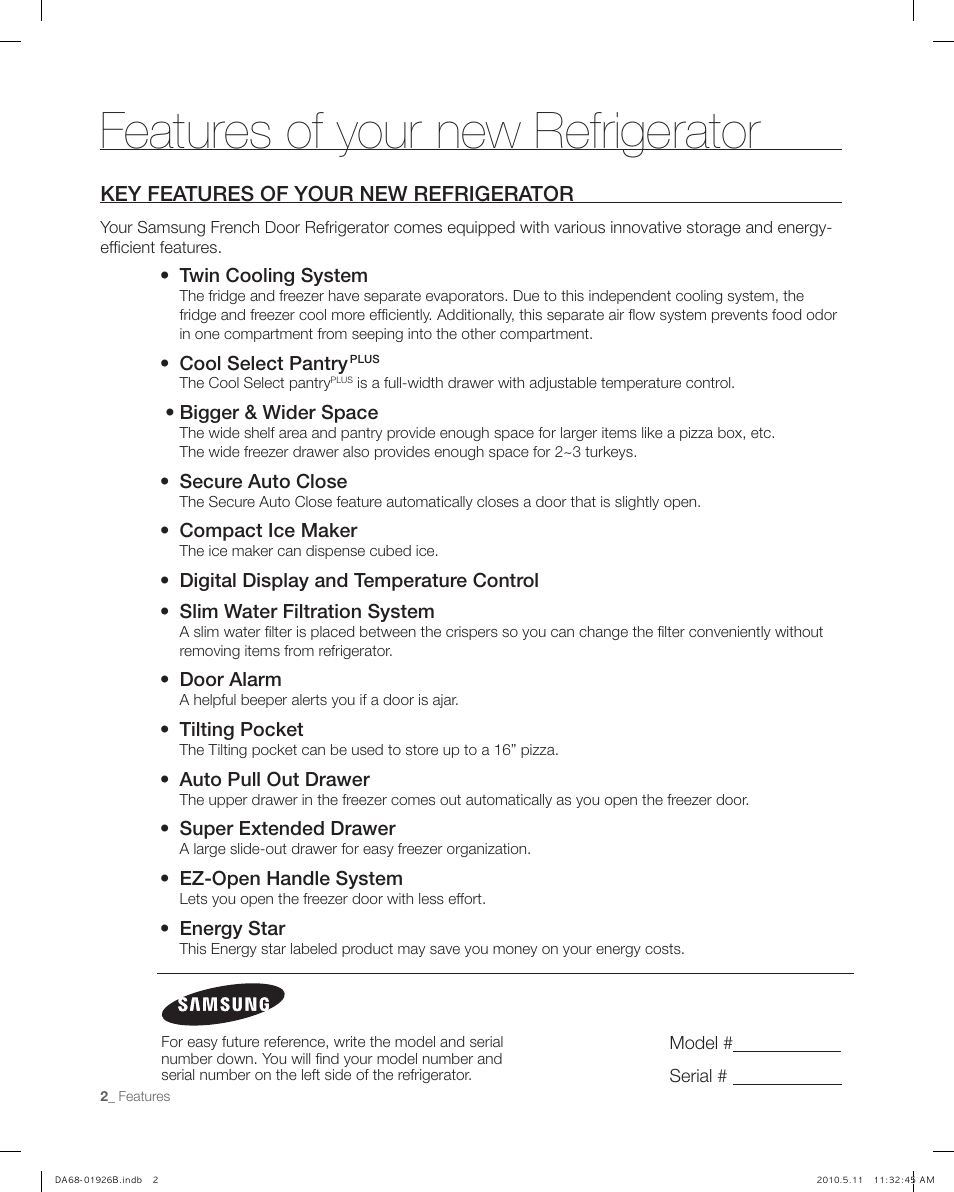 Features of your new refrigerator, Key features of your new refrigerator | Samsung RFG293HABP-XAA User Manual | Page 2 / 38