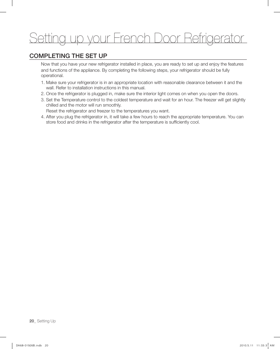 Completing the set up, Setting up your french door refrigerator | Samsung RFG293HABP-XAA User Manual | Page 20 / 38