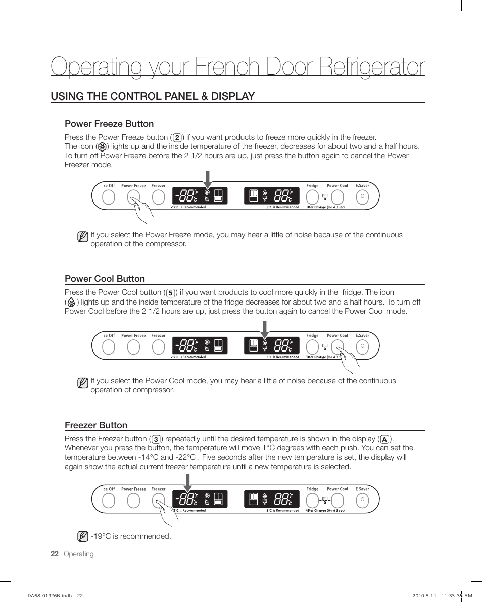 Using the control panel & display, Operating your french door refrigerator | Samsung RFG293HABP-XAA User Manual | Page 22 / 38