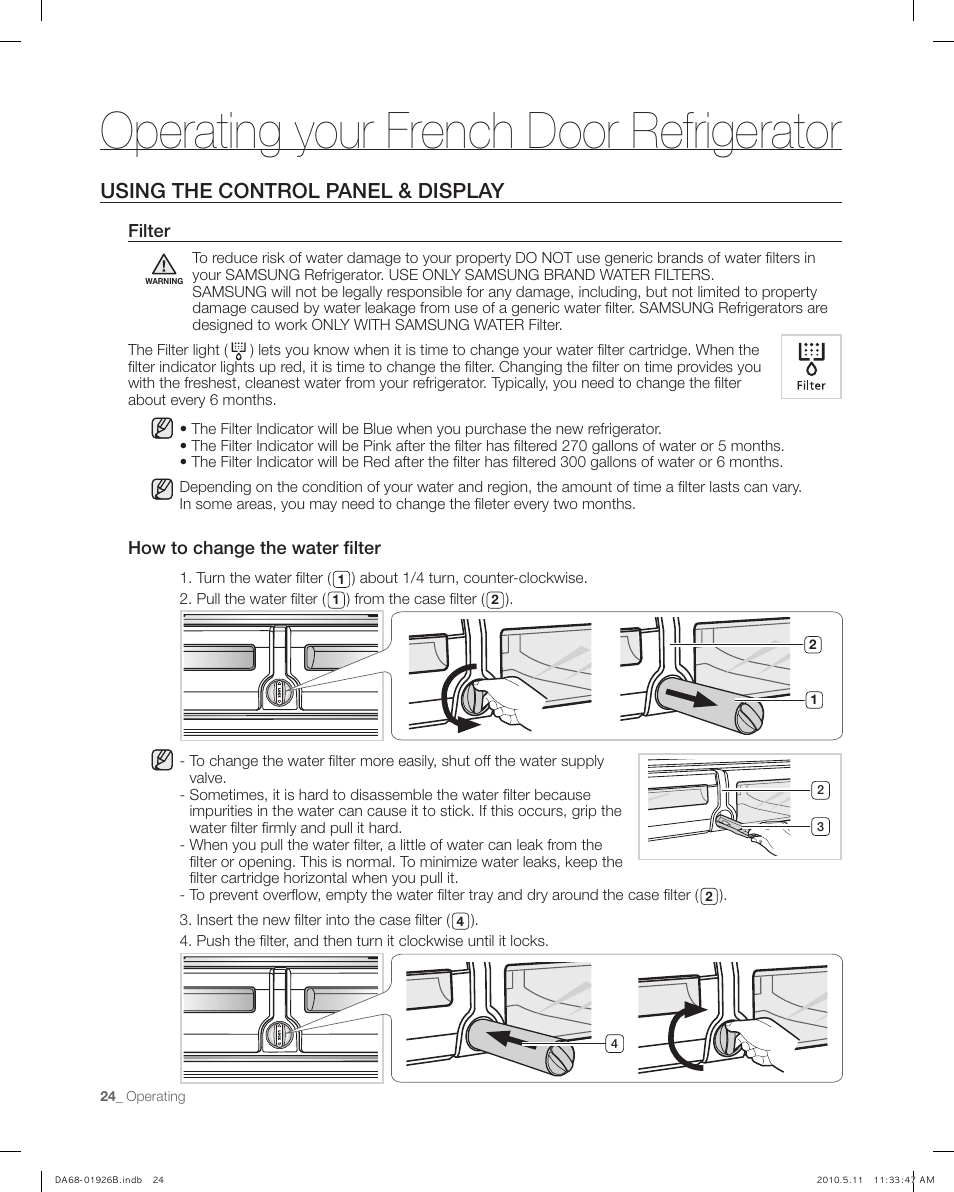 Using the control panel & display, Operating your french door refrigerator | Samsung RFG293HABP-XAA User Manual | Page 24 / 38
