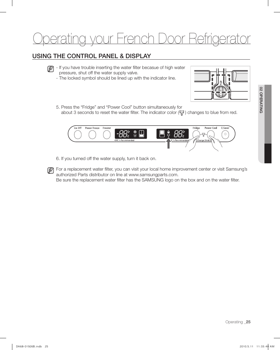 Using the control panel & display, Operating your french door refrigerator | Samsung RFG293HABP-XAA User Manual | Page 25 / 38