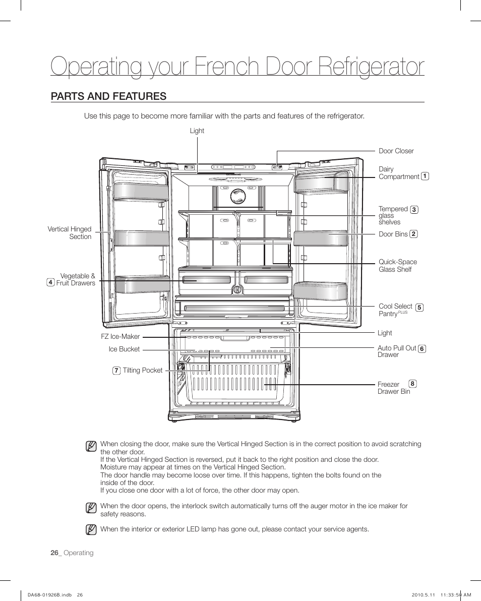 Parts and features, Operating your french door refrigerator | Samsung RFG293HABP-XAA User Manual | Page 26 / 38