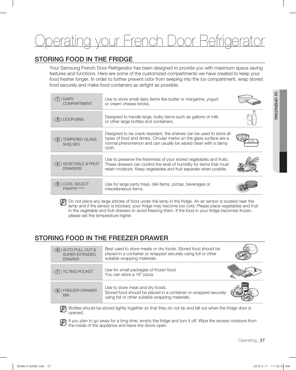 Storing food in the fridge, Storing food in the frezer drawer, Operating your french door refrigerator | Storing food in the freezer drawer | Samsung RFG293HABP-XAA User Manual | Page 27 / 38
