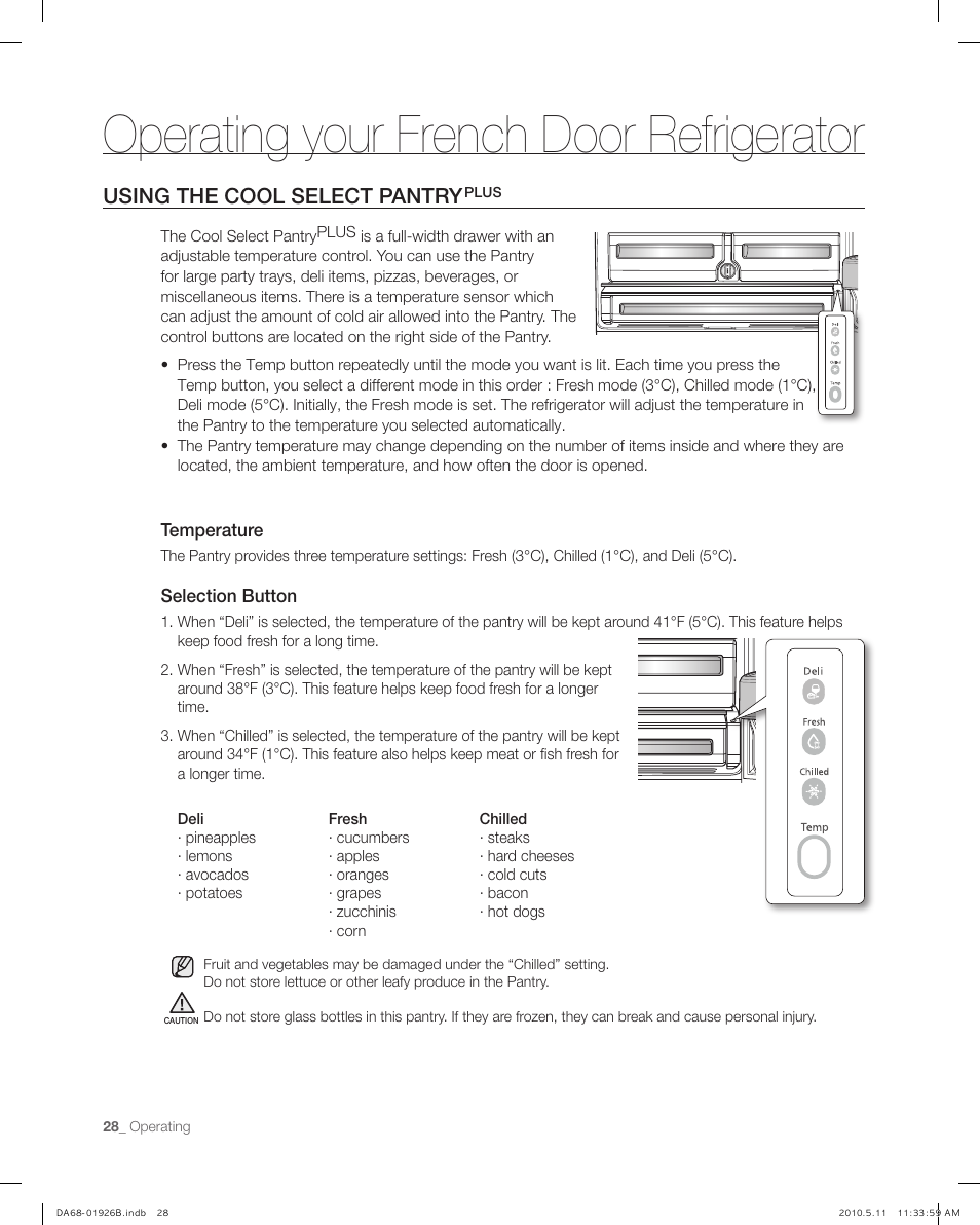 Using the cool select pantry plus, Operating your french door refrigerator, Using the cool select pantry | Samsung RFG293HABP-XAA User Manual | Page 28 / 38