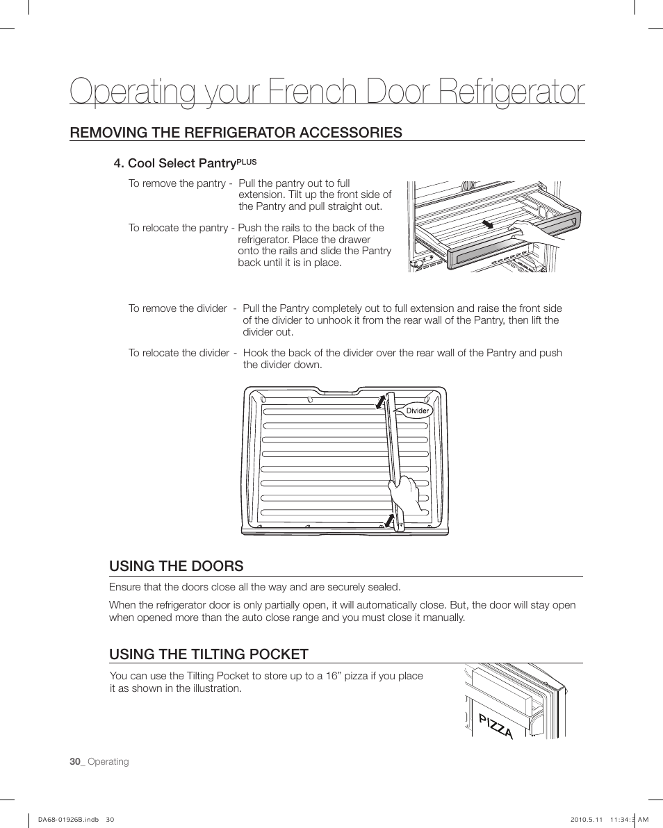 Removing the refrigerator accessories, Using the doors, Using the tilting pocket | Operating your french door refrigerator | Samsung RFG293HABP-XAA User Manual | Page 30 / 38