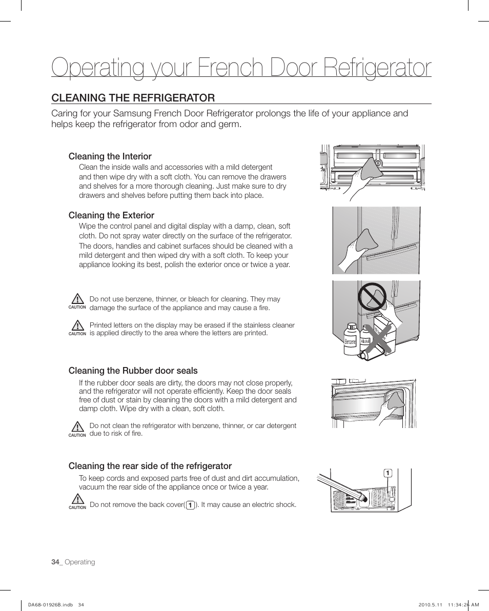 Cleaning the refrigerator, Operating your french door refrigerator | Samsung RFG293HABP-XAA User Manual | Page 34 / 38