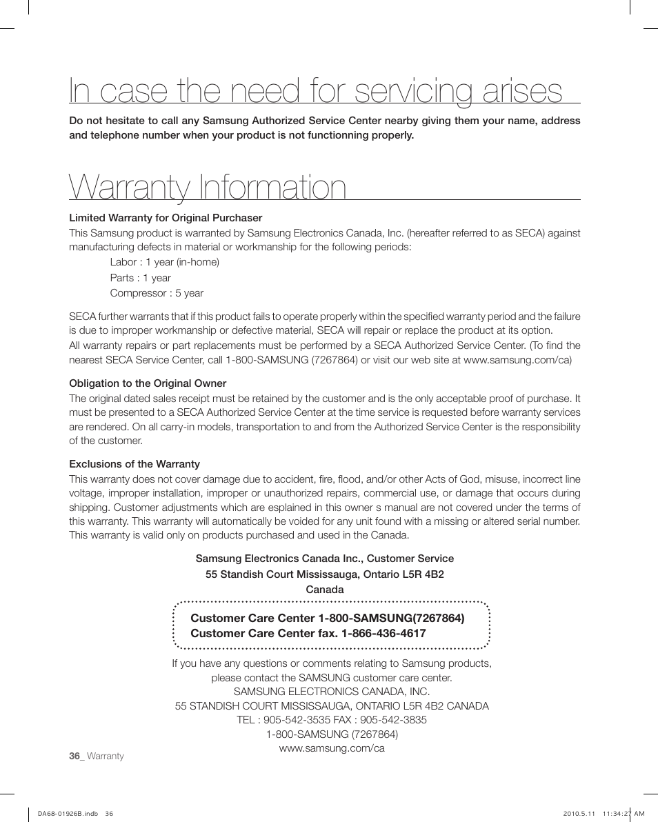 In case the need for servicing arises, Warranty information | Samsung RFG293HABP-XAA User Manual | Page 36 / 38