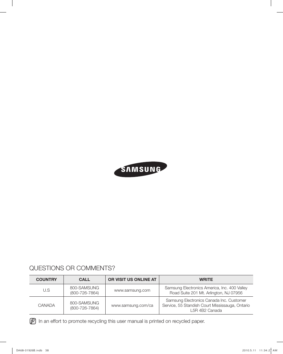 Questions or comments | Samsung RFG293HABP-XAA User Manual | Page 38 / 38