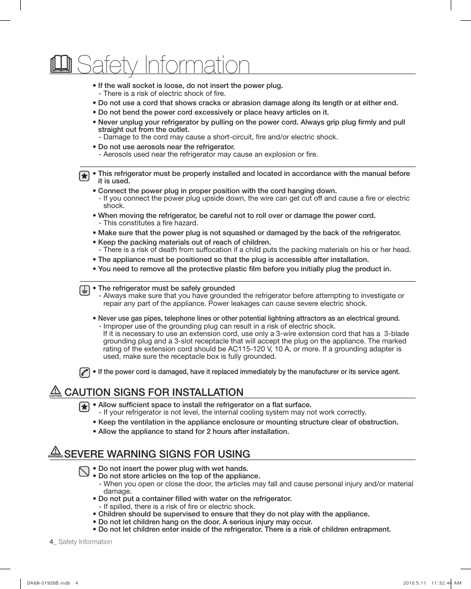 Caution signs for installation, Severe warning signs for using, Safety information | Samsung RFG293HABP-XAA User Manual | Page 4 / 38