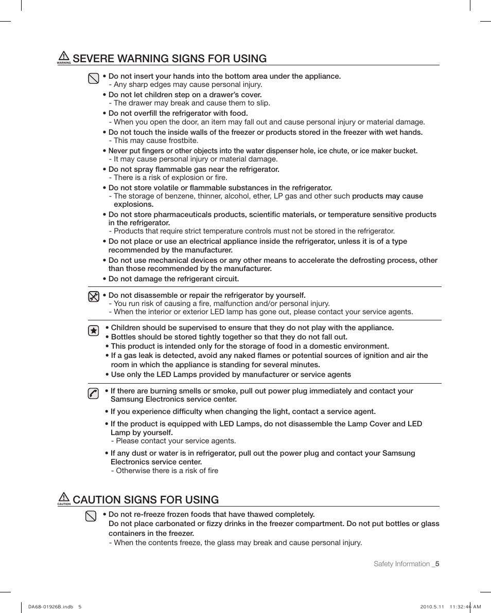 Severe warning signs for using, Caution signs for using | Samsung RFG293HABP-XAA User Manual | Page 5 / 38