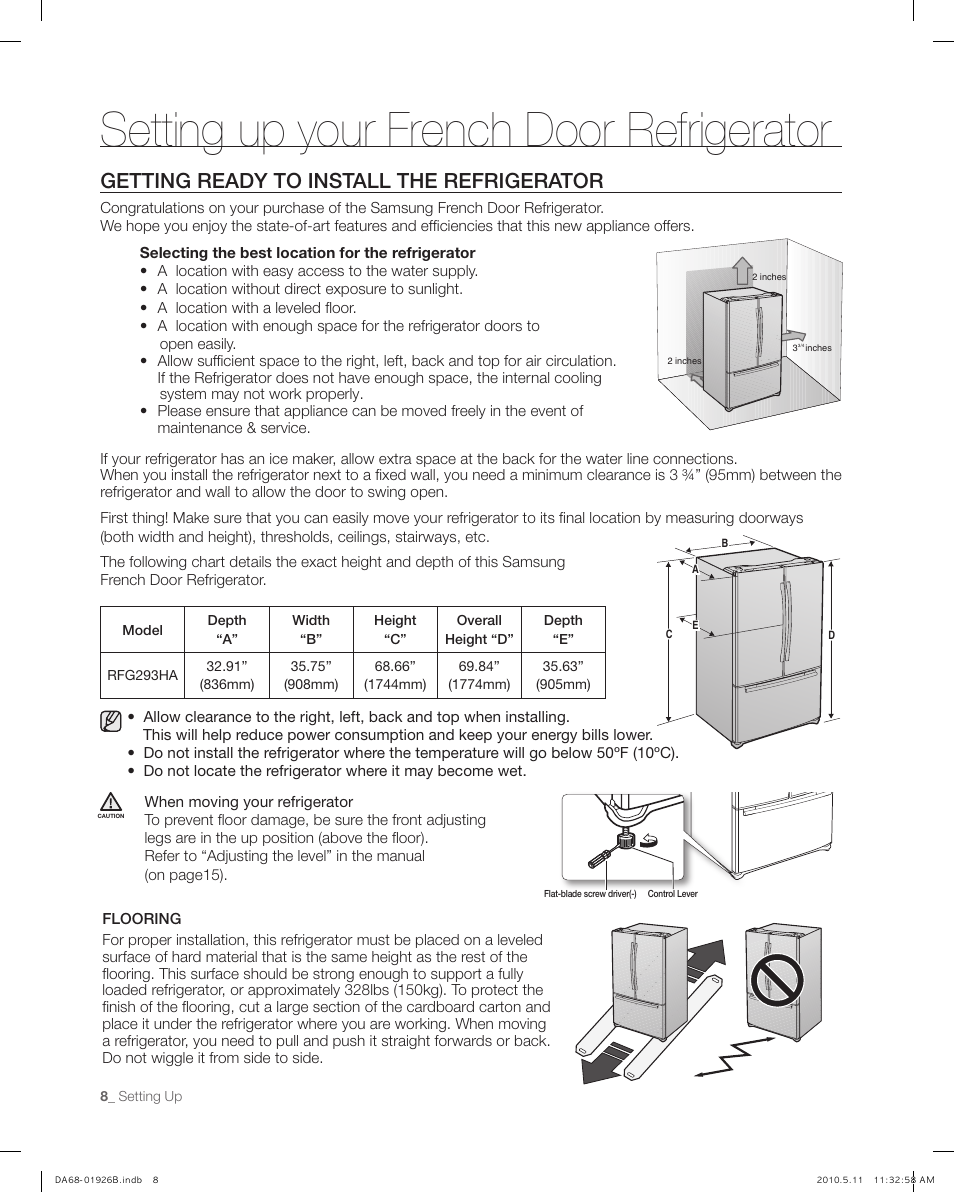 Setting up your french door refrigerator, Getting ready to install the refrigerator | Samsung RFG293HABP-XAA User Manual | Page 8 / 38