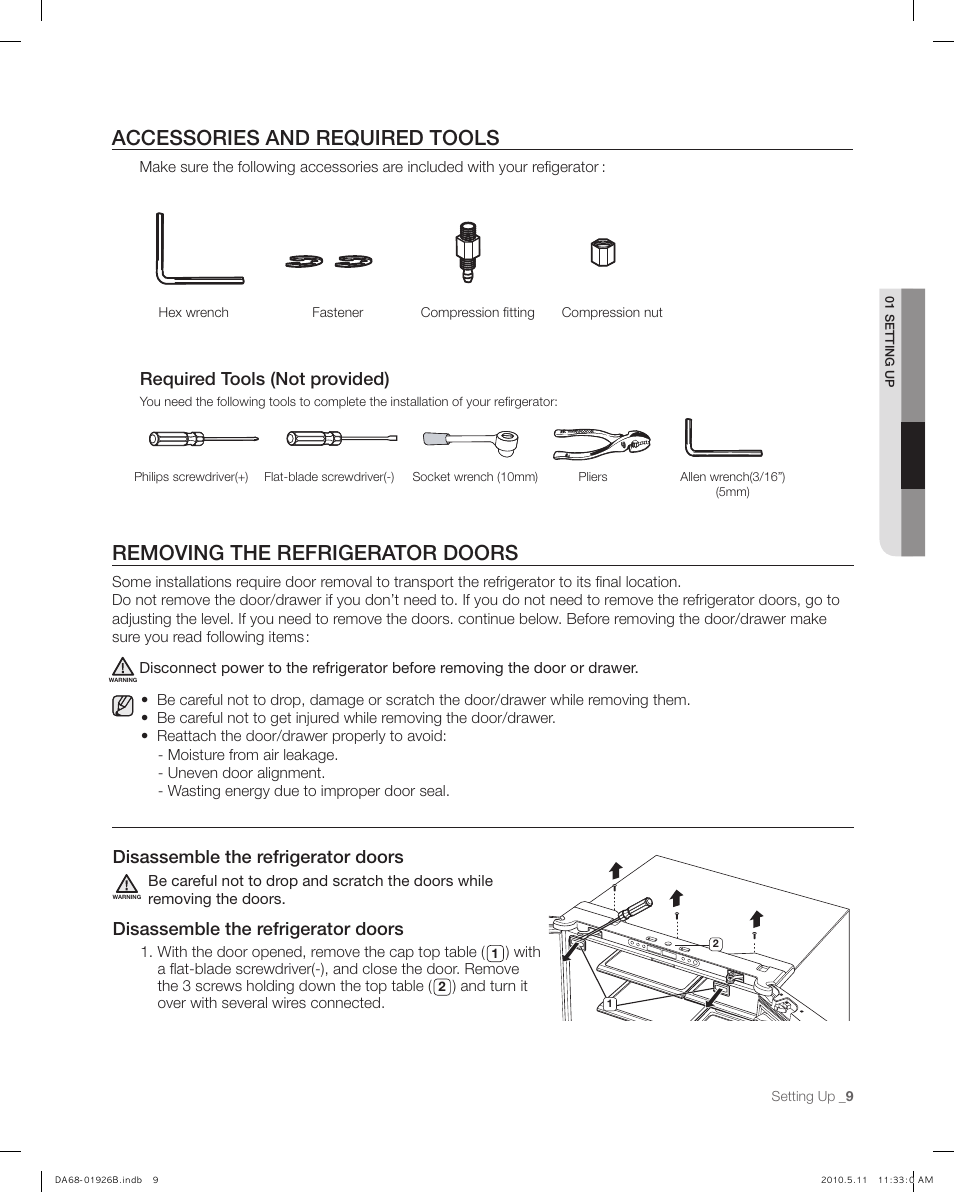 Accessories and required tols, Removing the refrigerator doors, Accessories and required tools | Required tools (not provided), Disassemble the refrigerator doors | Samsung RFG293HABP-XAA User Manual | Page 9 / 38
