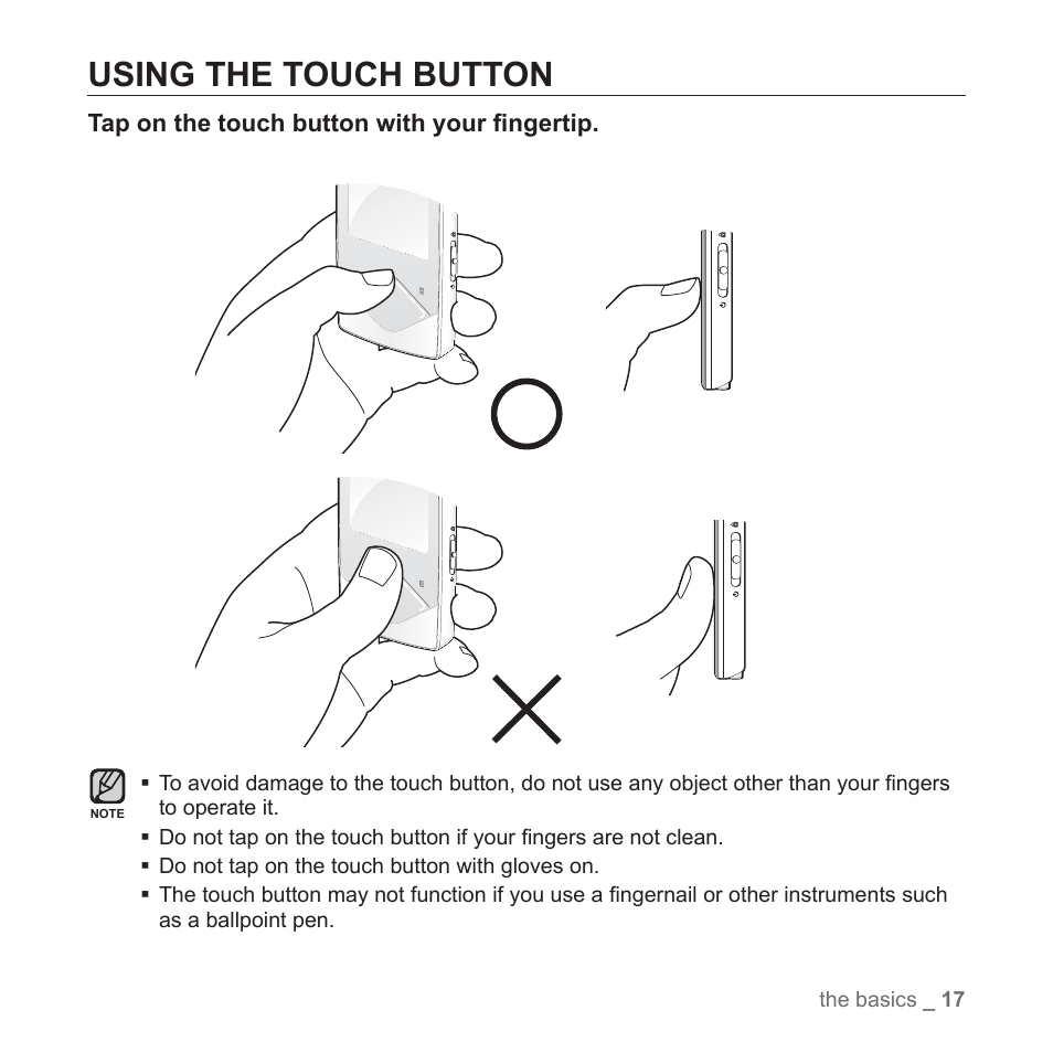 Using the touch button | Samsung YP-Q1JEB-XAA User Manual | Page 17 / 94