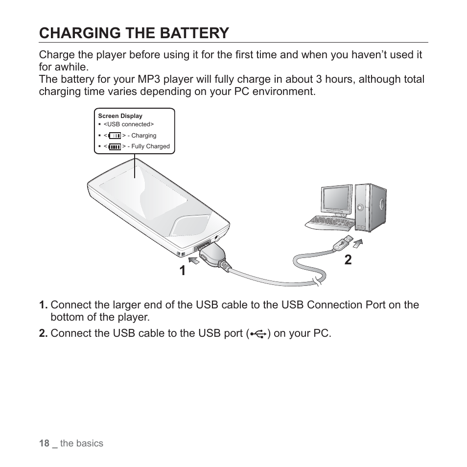 Charging the battery | Samsung YP-Q1JEB-XAA User Manual | Page 18 / 94