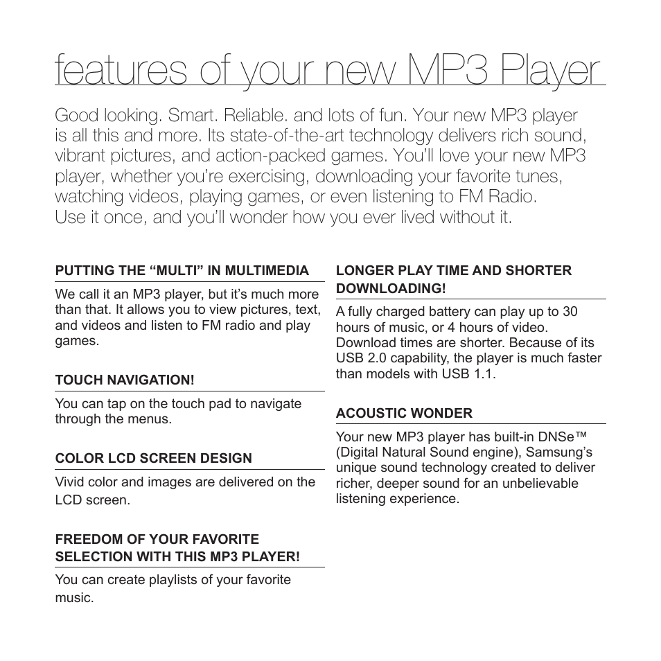 Features of your new mp3 player | Samsung YP-Q1JEB-XAA User Manual | Page 2 / 94
