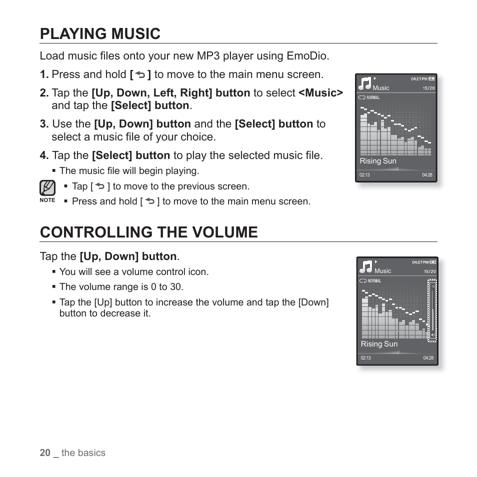 Playing music, Controlling the volume | Samsung YP-Q1JEB-XAA User Manual | Page 20 / 94