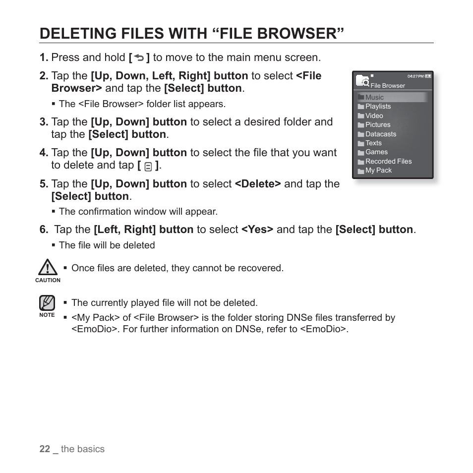 Deleting files with “file browser | Samsung YP-Q1JEB-XAA User Manual | Page 22 / 94