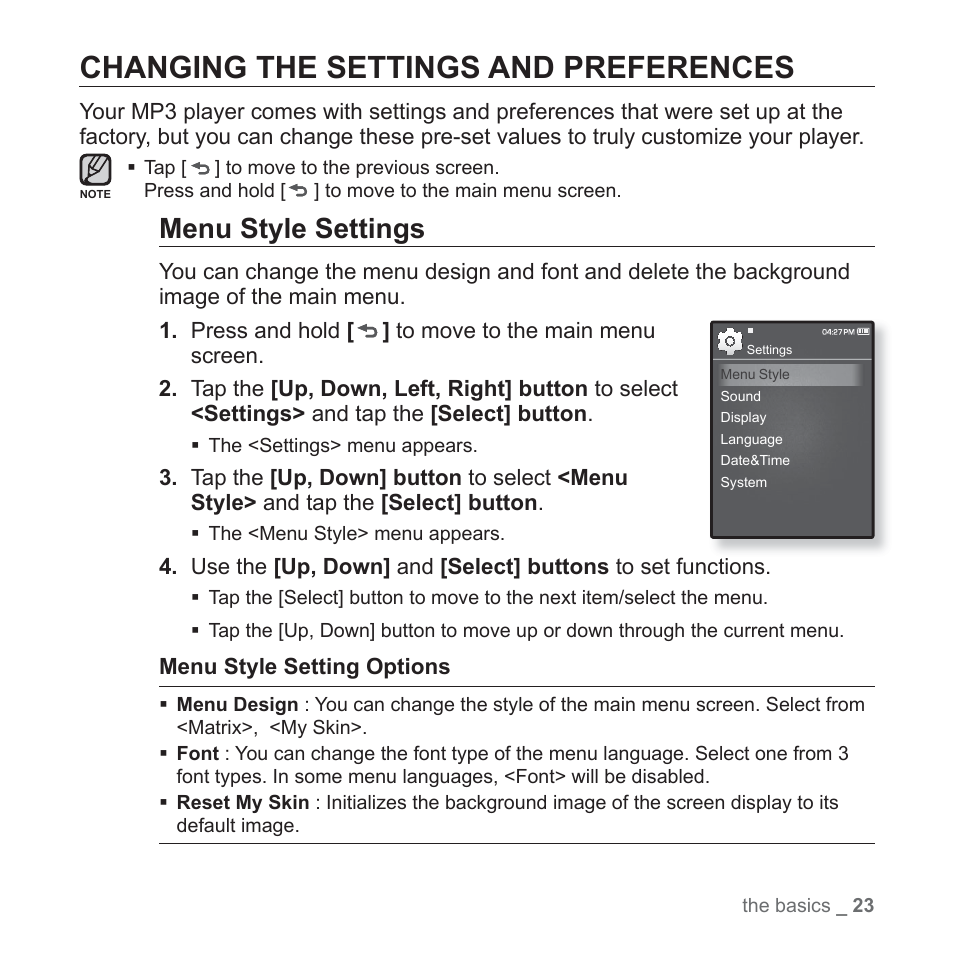 Changing the settings and preferences, Menu style settings | Samsung YP-Q1JEB-XAA User Manual | Page 23 / 94