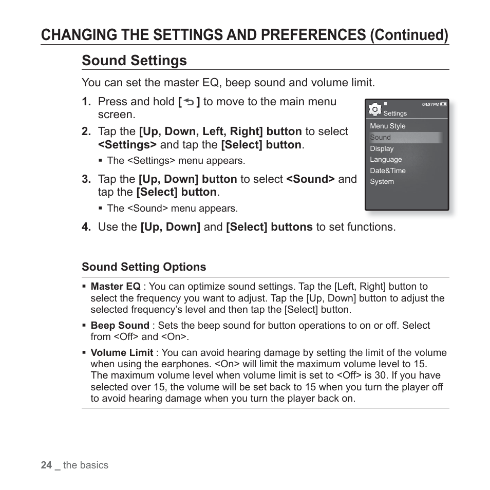 Changing the settings and preferences (continued), Sound settings | Samsung YP-Q1JEB-XAA User Manual | Page 24 / 94