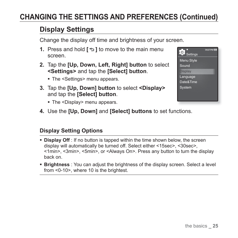 Changing the settings and preferences (continued), Display settings | Samsung YP-Q1JEB-XAA User Manual | Page 25 / 94