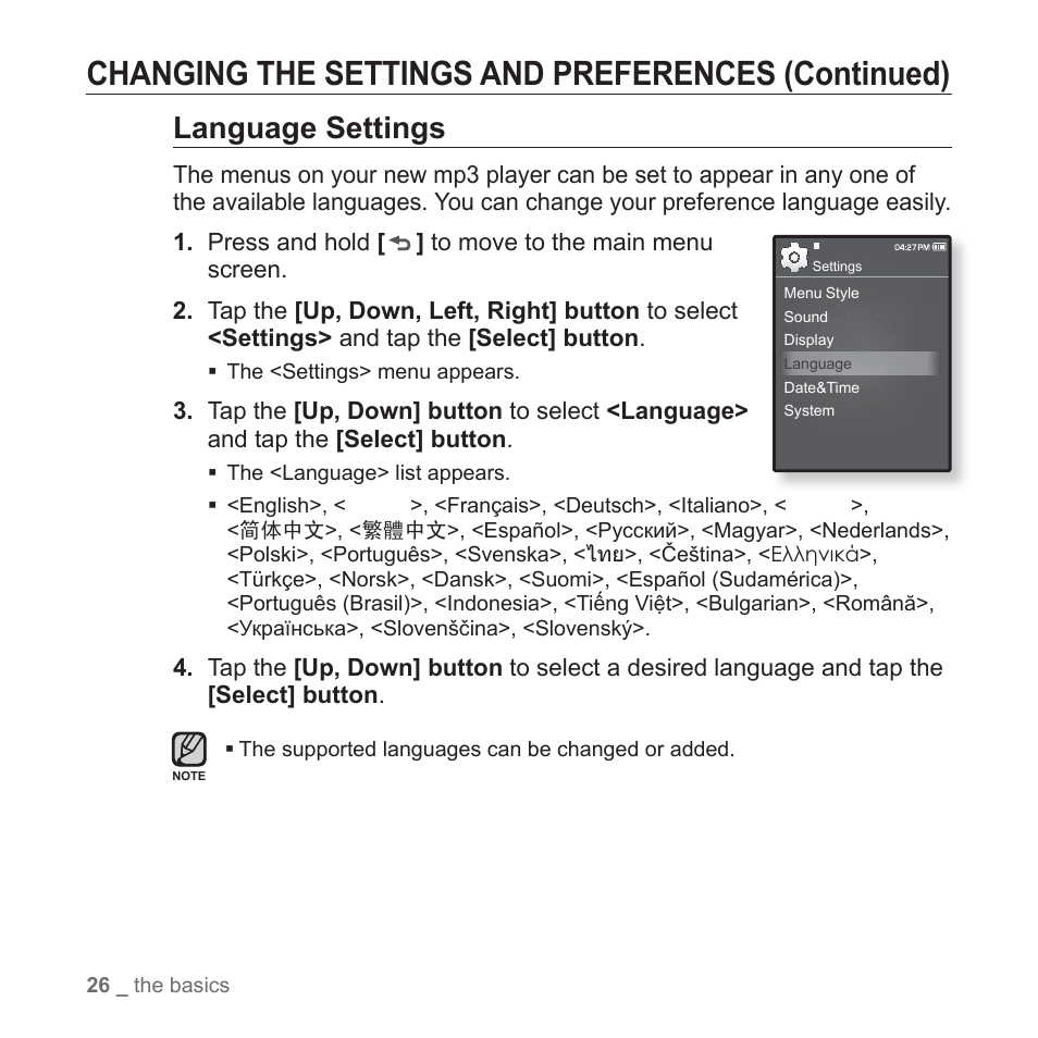 Changing the settings and preferences (continued), Language settings | Samsung YP-Q1JEB-XAA User Manual | Page 26 / 94