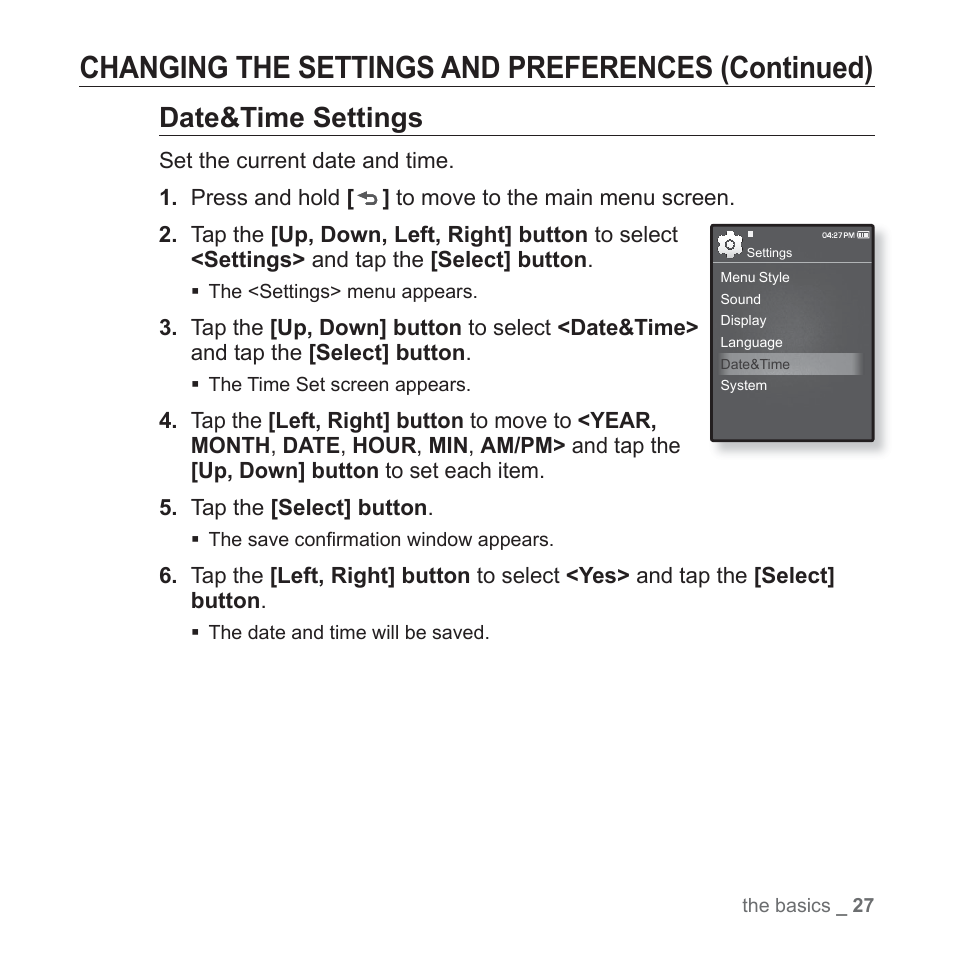 Changing the settings and preferences (continued), Date&time settings | Samsung YP-Q1JEB-XAA User Manual | Page 27 / 94