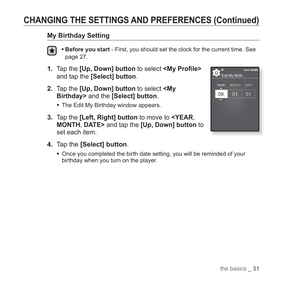 Changing the settings and preferences (continued) | Samsung YP-Q1JEB-XAA User Manual | Page 31 / 94