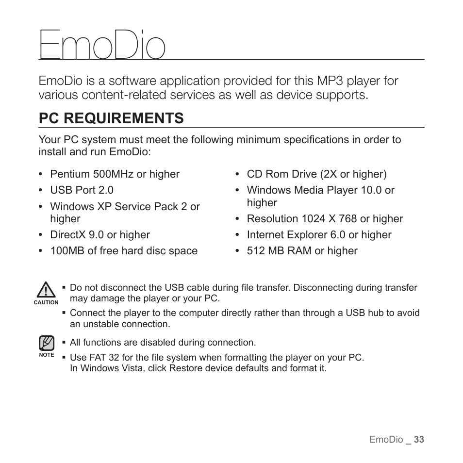 Emodio, Pc requirements | Samsung YP-Q1JEB-XAA User Manual | Page 33 / 94