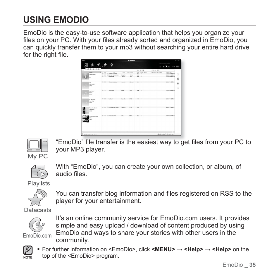 Using emodio | Samsung YP-Q1JEB-XAA User Manual | Page 35 / 94