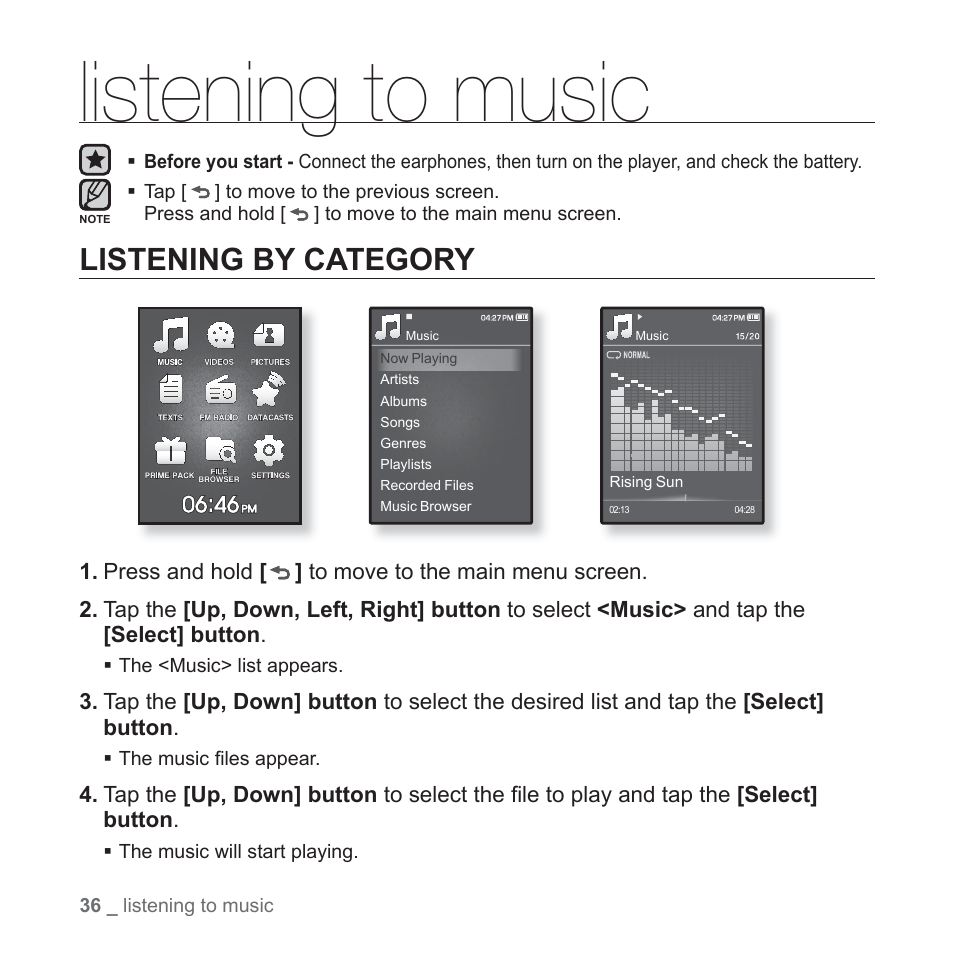 Listening to music, Listening by category | Samsung YP-Q1JEB-XAA User Manual | Page 36 / 94
