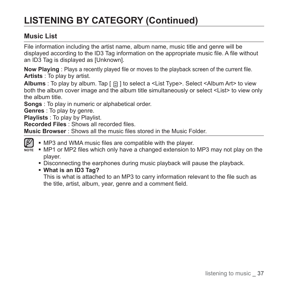 Listening by category (continued) | Samsung YP-Q1JEB-XAA User Manual | Page 37 / 94