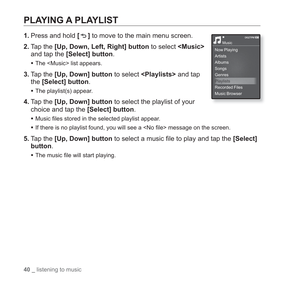 Playing a playlist | Samsung YP-Q1JEB-XAA User Manual | Page 40 / 94