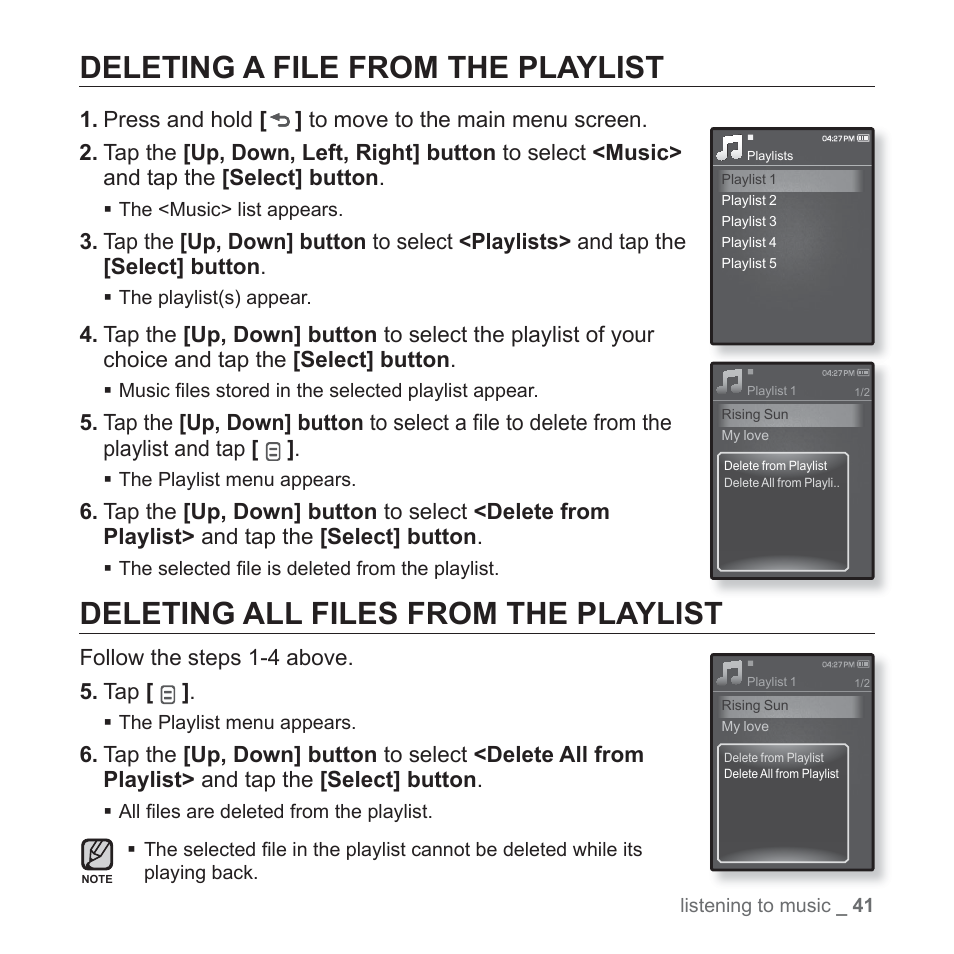 Deleting a file from the playlist, Deleting all files from the playlist | Samsung YP-Q1JEB-XAA User Manual | Page 41 / 94