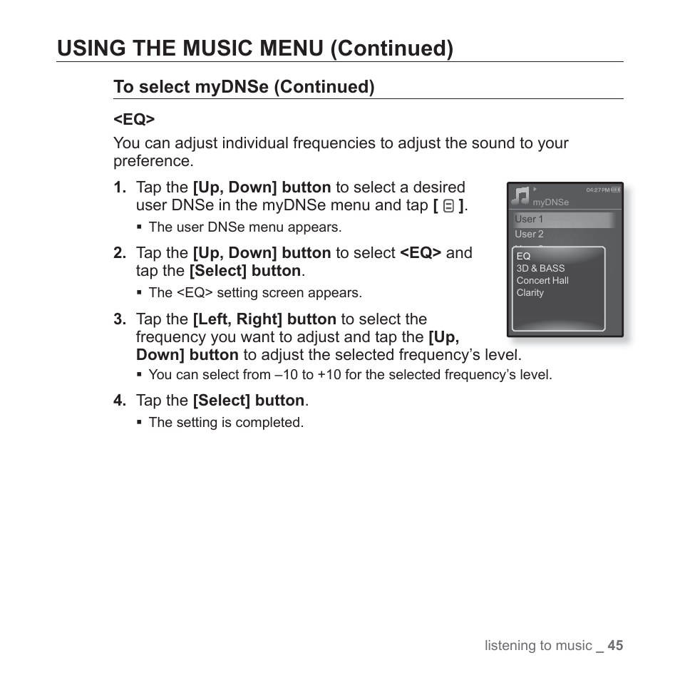 Using the music menu (continued) | Samsung YP-Q1JEB-XAA User Manual | Page 45 / 94