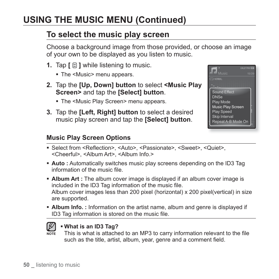 Using the music menu (continued) | Samsung YP-Q1JEB-XAA User Manual | Page 50 / 94